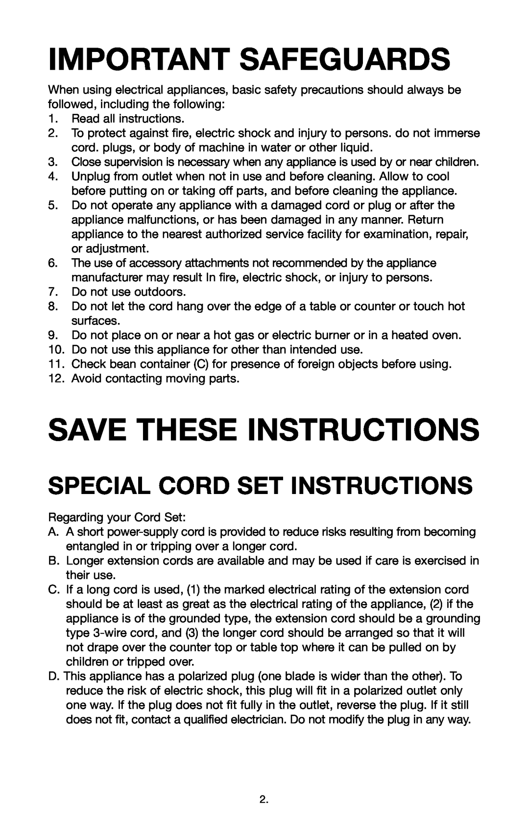 Capresso 585, 580 warranty Important Safeguards, Save These Instructions, Special Cord Set Instructions 