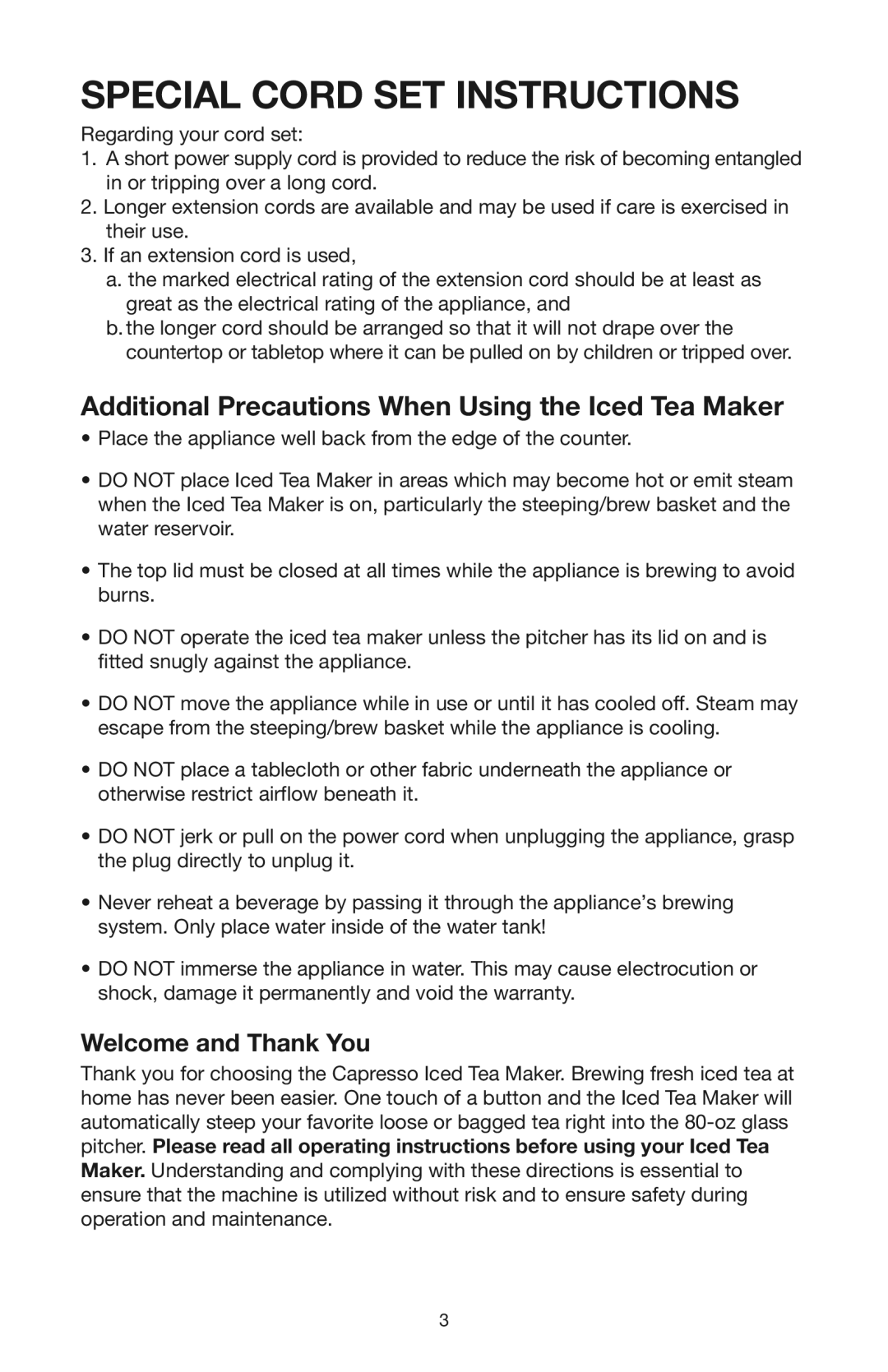 Capresso 624 Special Cord SET Instructions, Additional Precautions When Using the Iced Tea Maker, Welcome and Thank You 