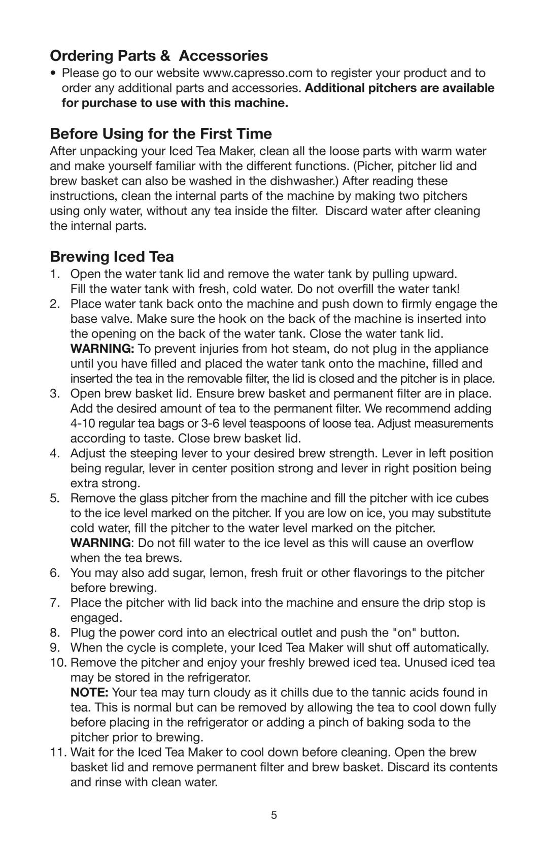 Capresso 624 warranty Ordering Parts & Accessories Before Using for the First Time, Brewing Iced Tea 