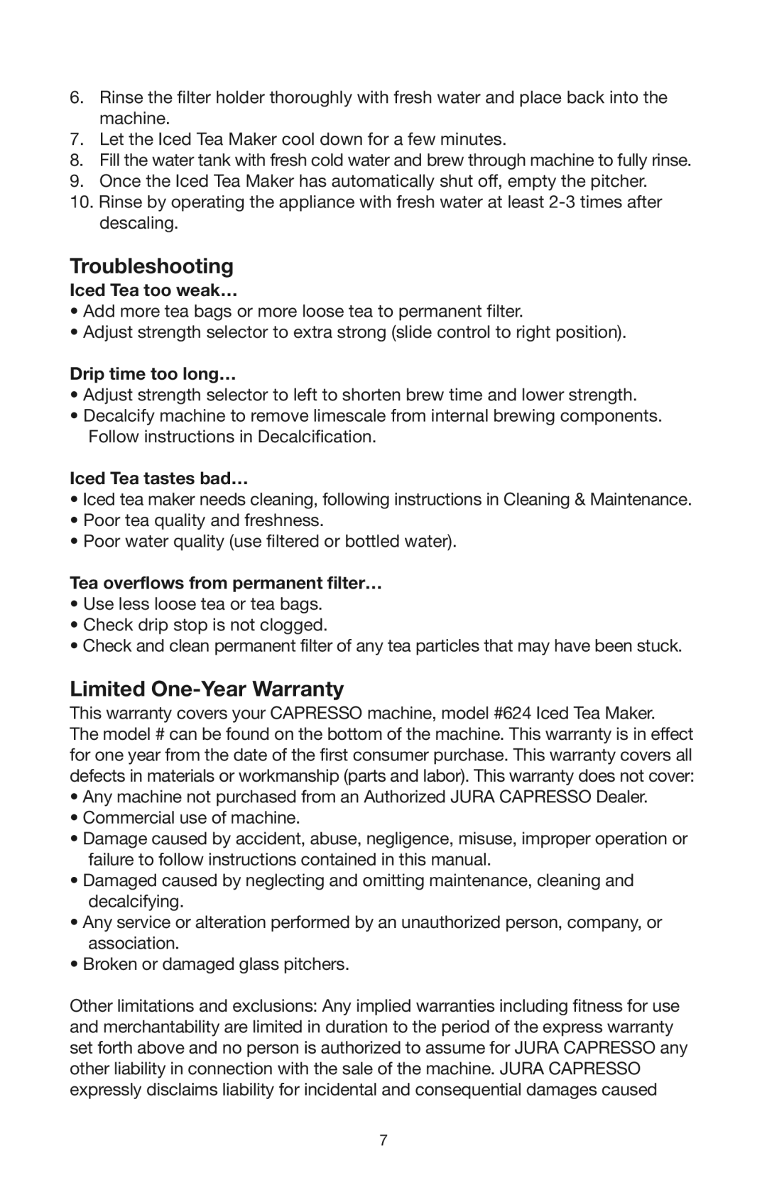 Capresso 624 warranty Troubleshooting, Limited One-Year Warranty 