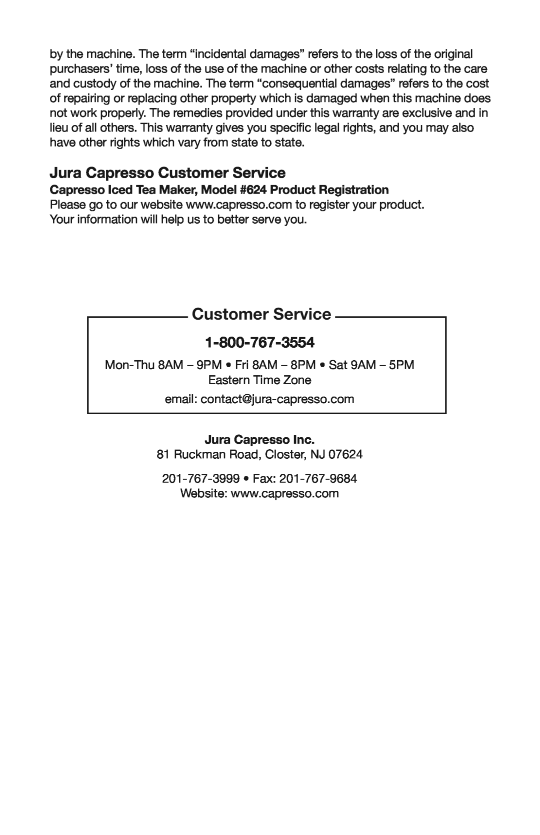 Capresso 624 warranty Jura Capresso Customer Service, Jura Capresso Inc 