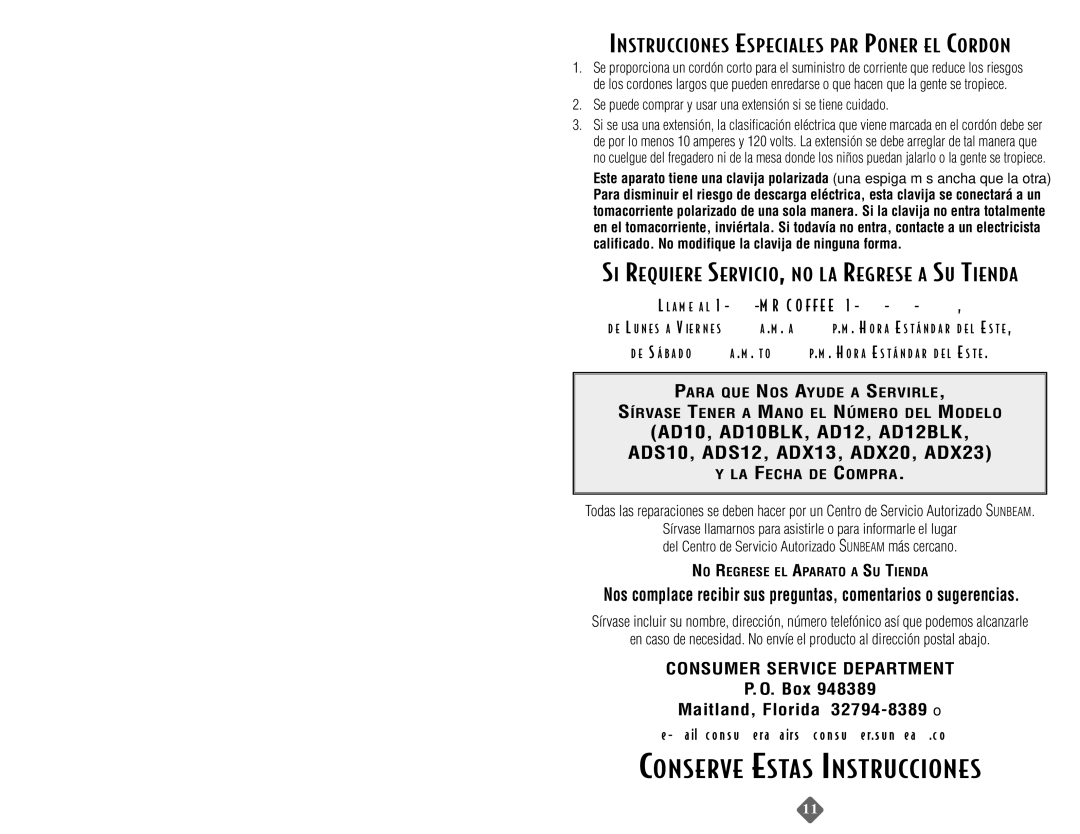 Capresso AD12BLK, ADX23, AD10BLK, ADX13, ADX20, ADS10, ADS12 instruction manual Precauciones Importantes 