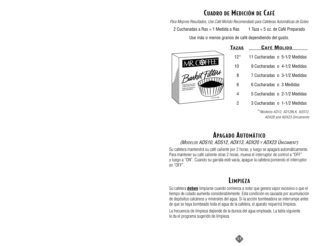 Capresso ADX23, AD12BLK, AD10BLK, ADX13, ADX20, ADS10, ADS12 Cuadro DE Medición DE Café, Apagado Automático, Limpieza 