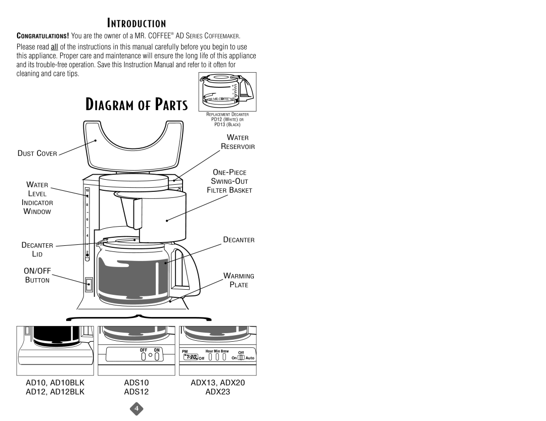 Capresso ADX20, ADX23, AD12BLK, AD10BLK, ADX13, ADS10, ADS12 instruction manual Diagram of Parts, Introduc Tion 