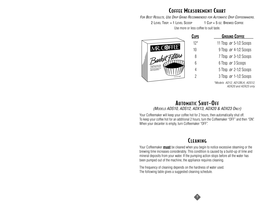 Capresso ADS10, ADX23, AD12BLK, ADX13 Automatic SHUT-OFF, Leaning, Use more or less coffee to suit taste, Tbsp. or 3 Scoops 