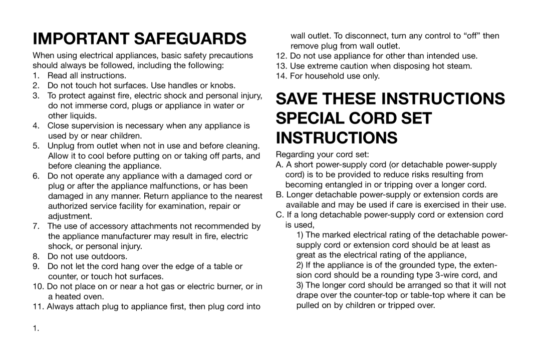 Capresso Avantgarde Series warranty Important Safeguards, Save These Instructions Special Cord Set Instructions 