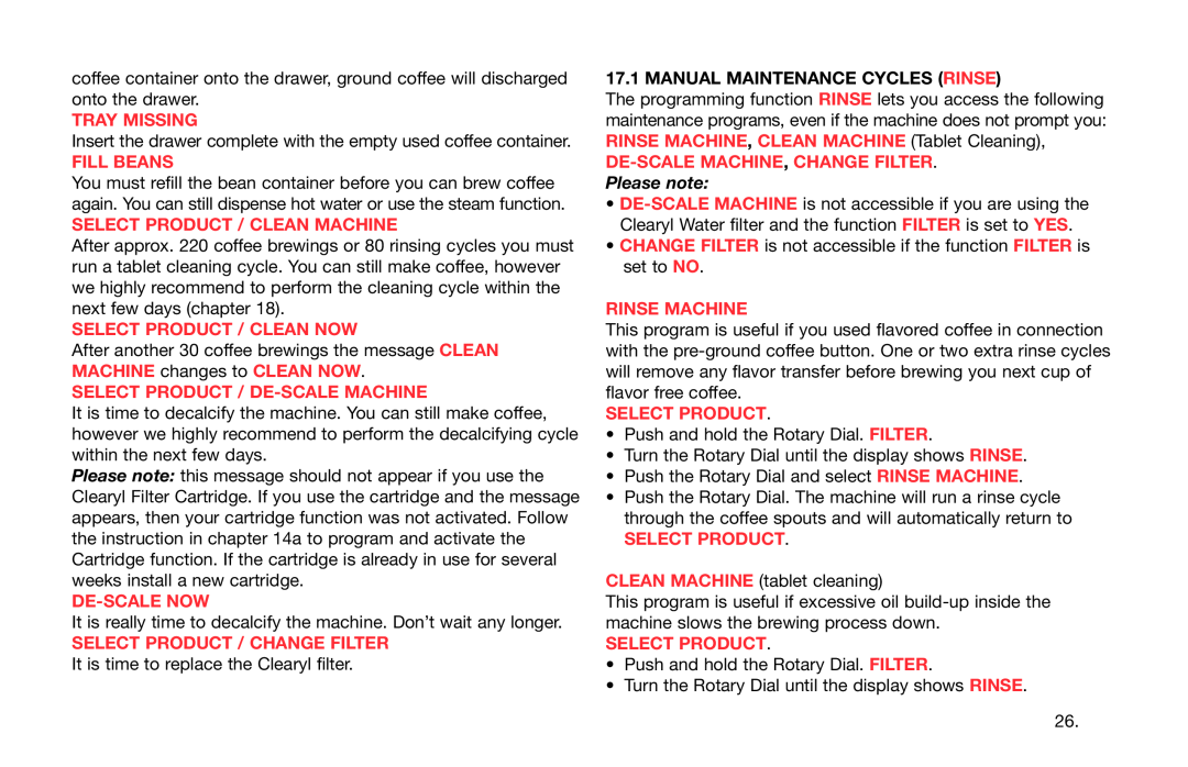 Capresso Avantgarde Series warranty Manual Maintenance Cycles Rinse, Please note 