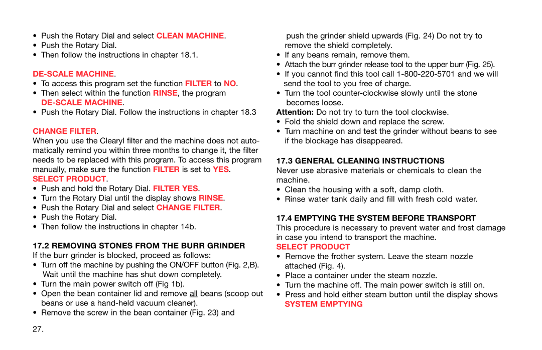 Capresso Avantgarde Series De-Scale Machine, Change Filter, Select Product, General Cleaning Instructions, System Emptying 