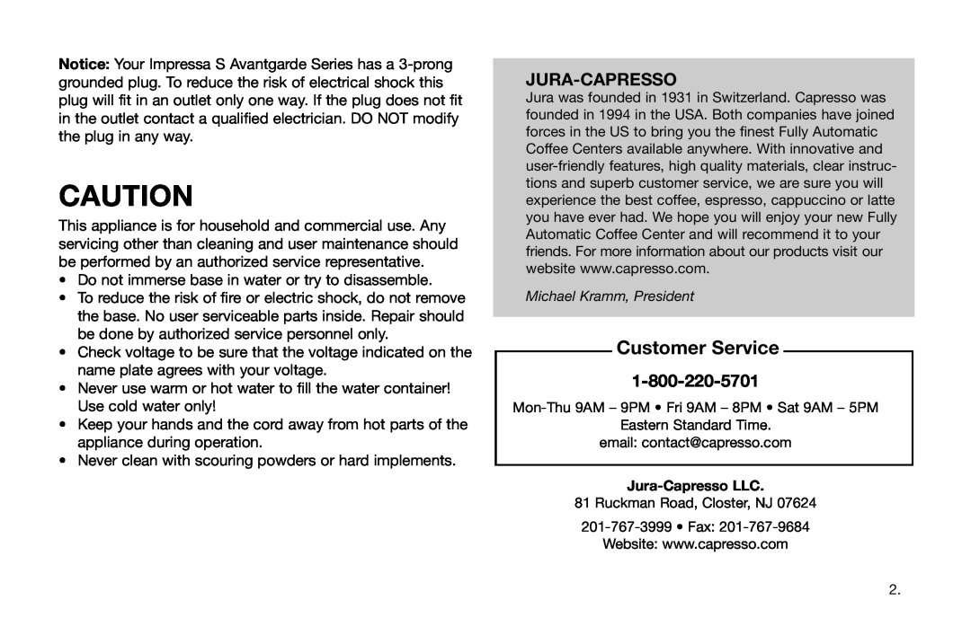 Capresso Avantgarde Series warranty Customer Service, Jura-Capresso 