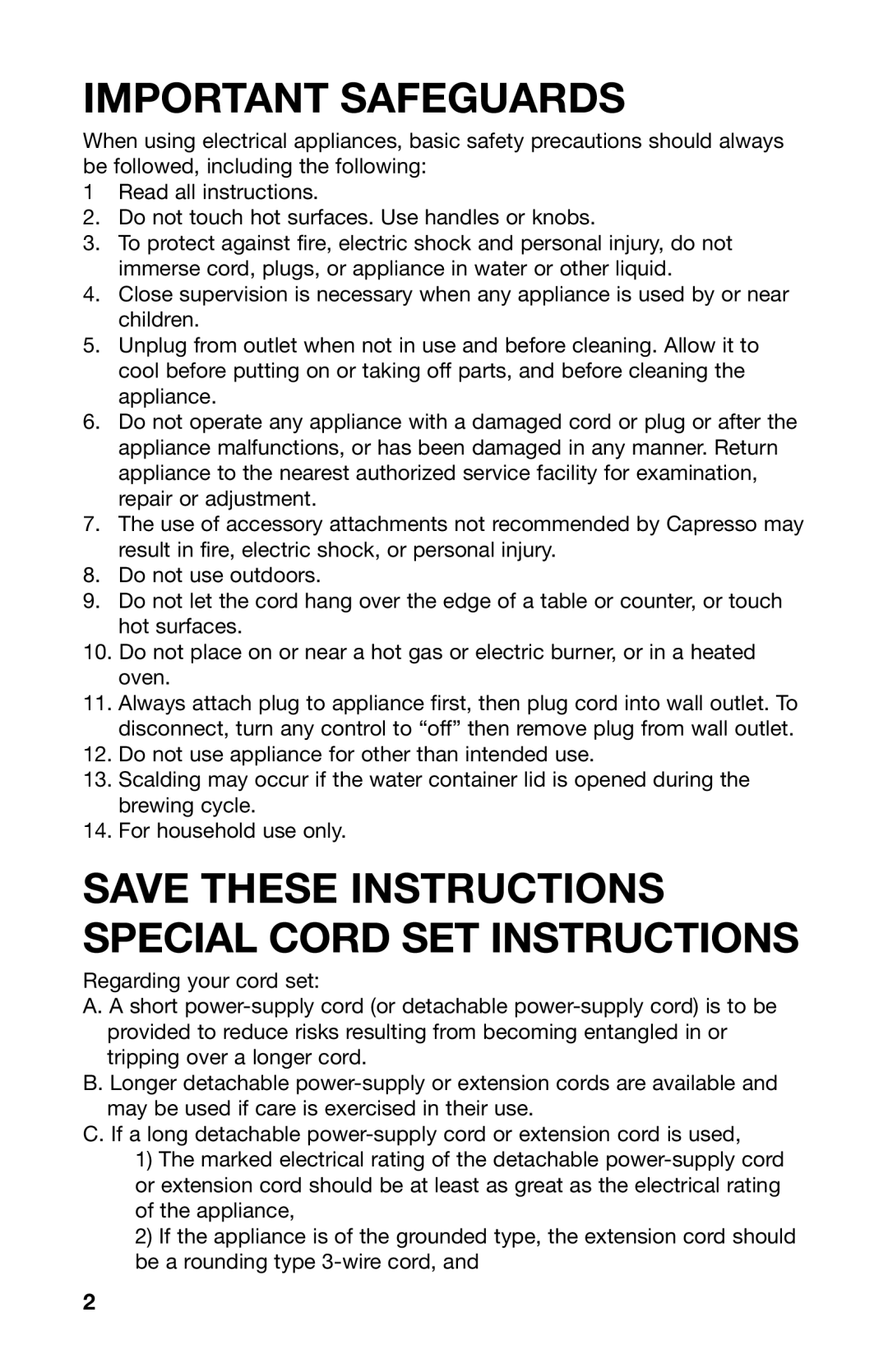 Capresso CM200 warranty Important Safeguards, Save These Instructions Special Cord Set Instructions 