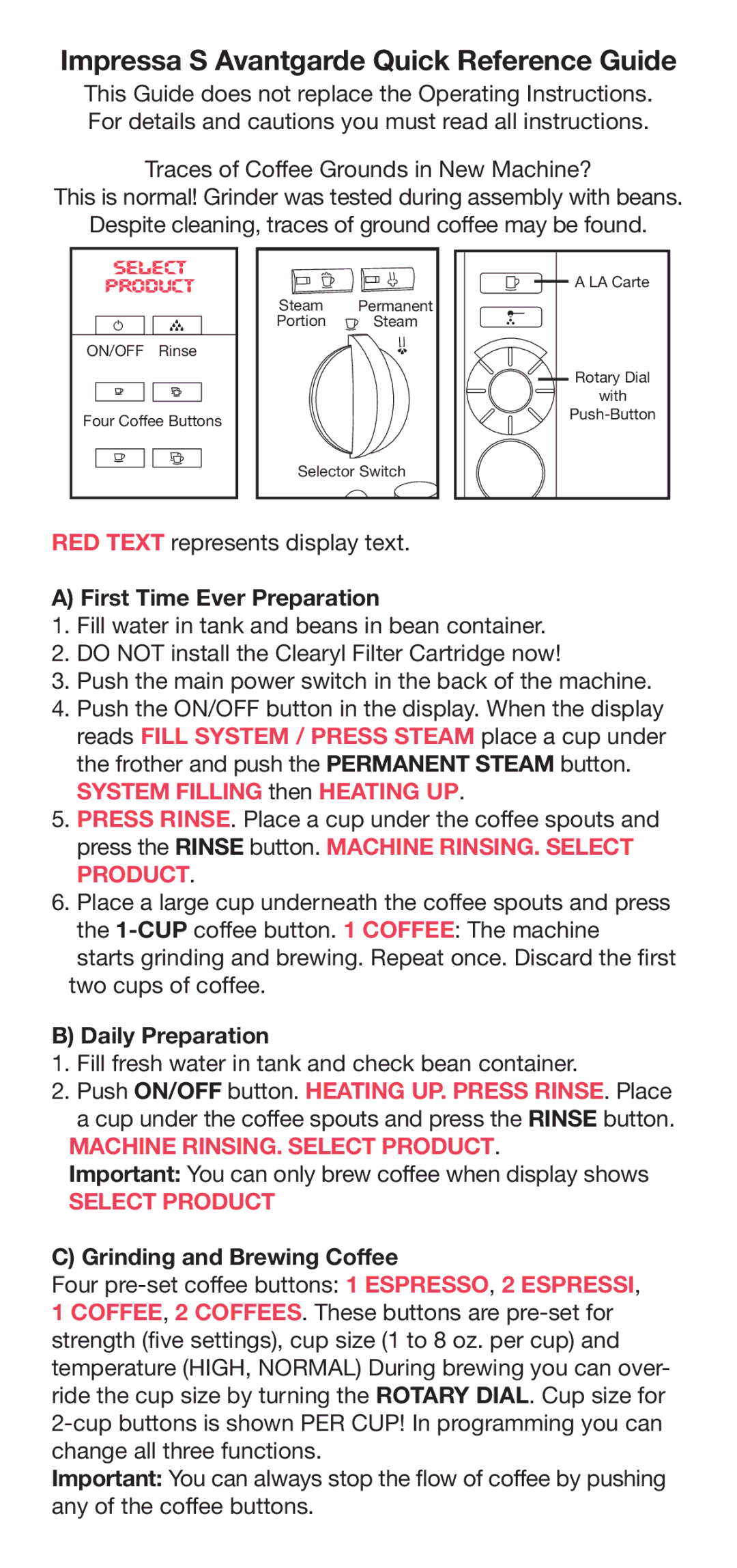 Capresso Coffeemaker manual System Filling then Heating UP, Machine RINSING. Select Product 