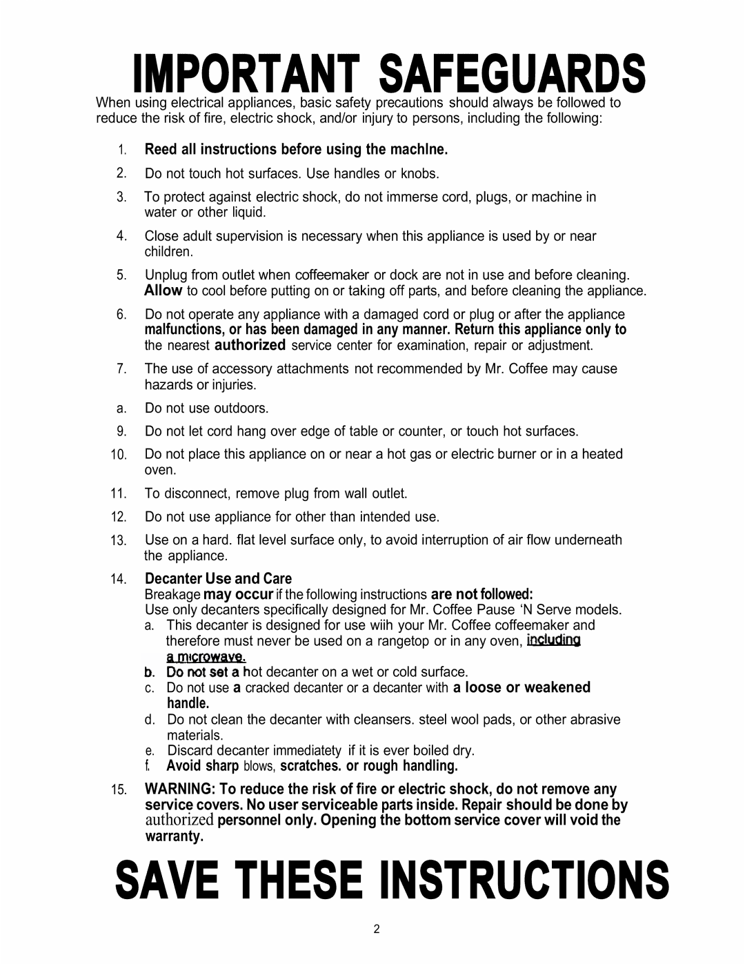 Capresso CS10 manual Important Safeguards 