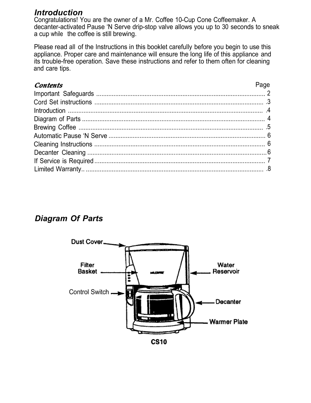 Capresso CS10 manual Diagram Of Parts 