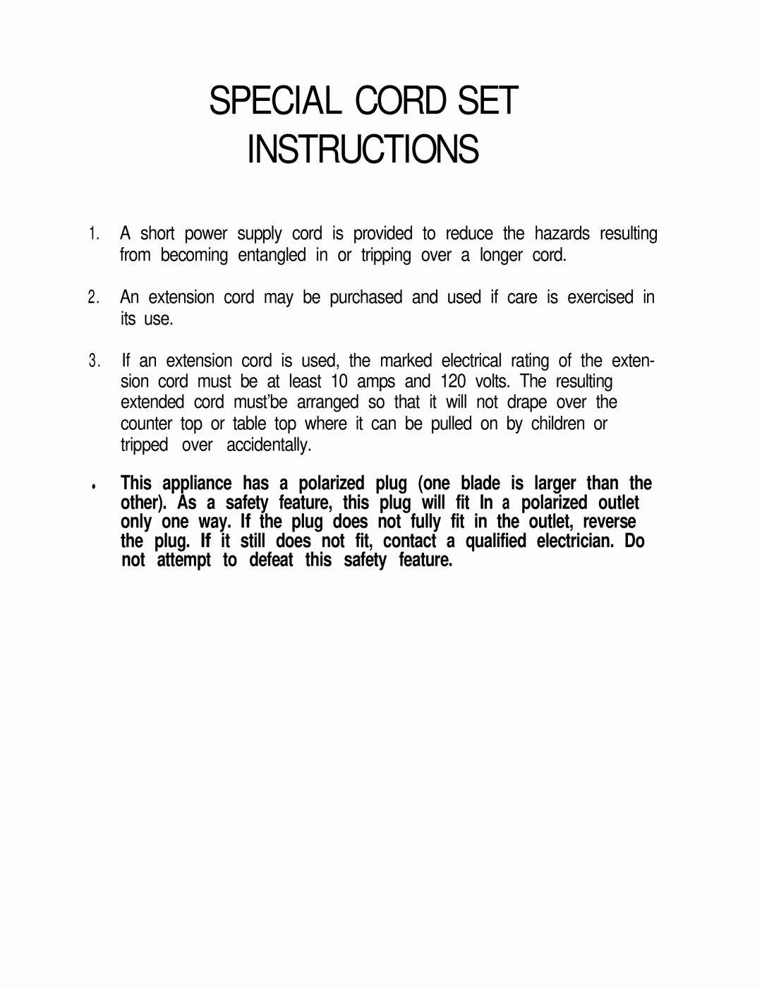 Capresso CS10 manual Special Cord Set Instructions 