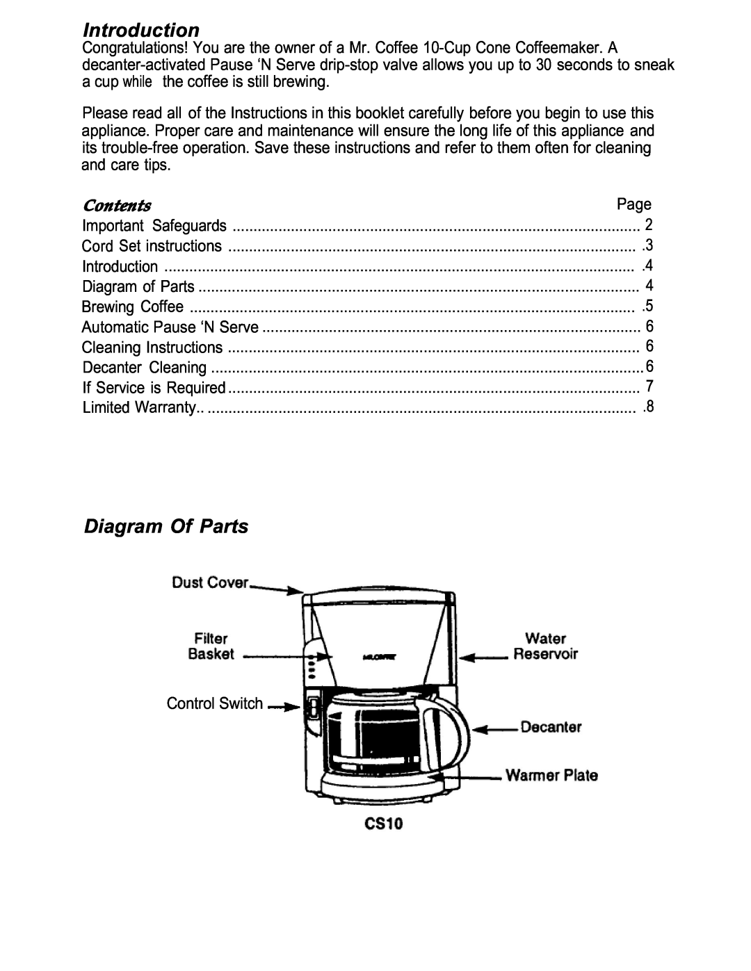 Capresso CS10 manual Introduction, Diagram Of Parts, Contents 