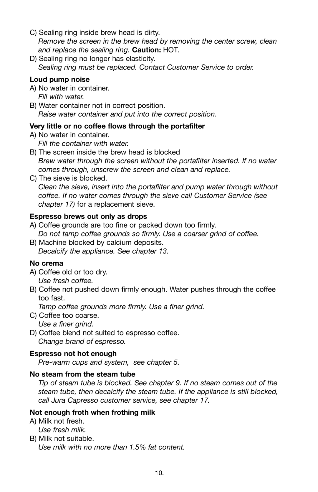 Capresso EC5O Loud pump noise, Very little or no coffee flows through the portafilter, Espresso brews out only as drops 