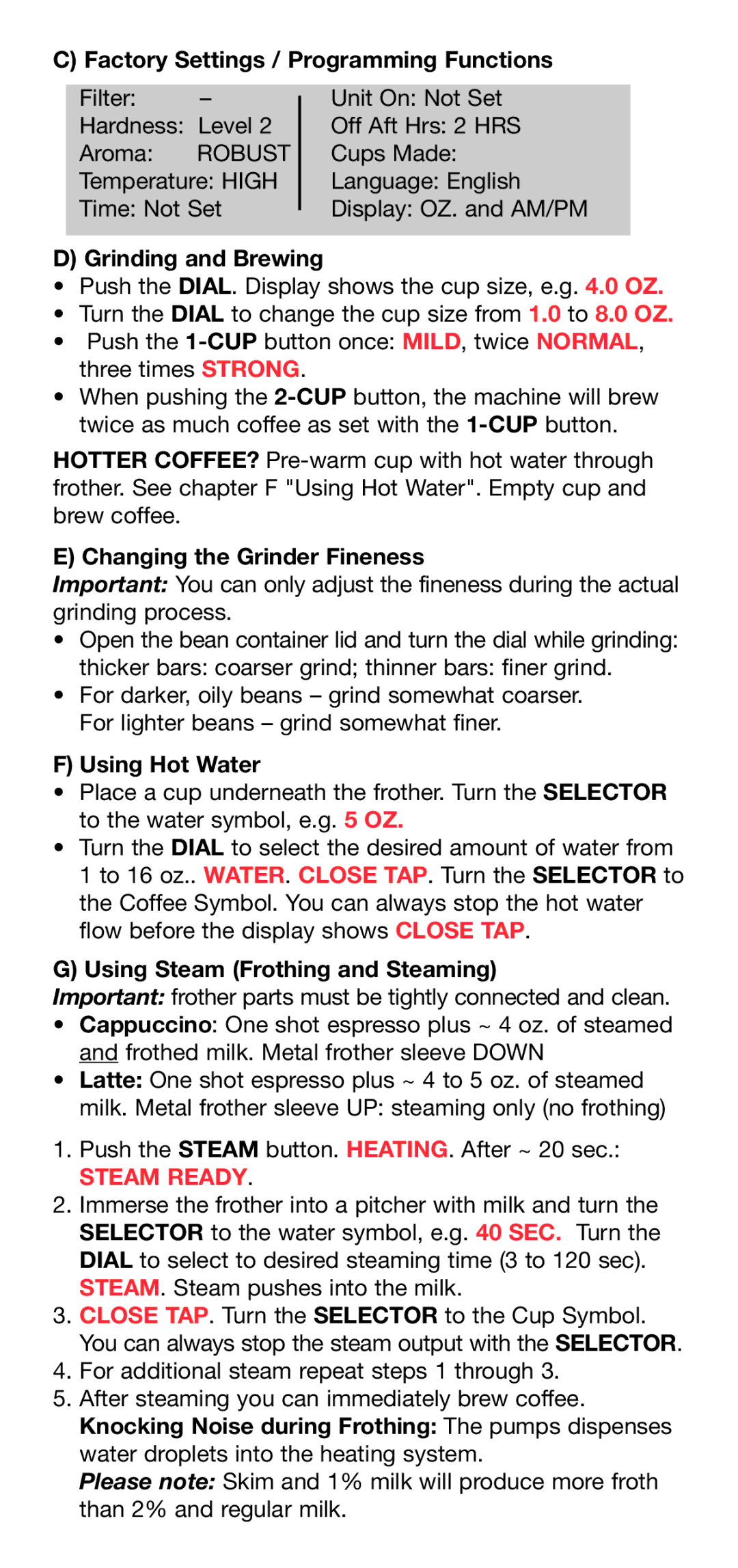 Capresso F8, F7 operating instructions Steam Ready 