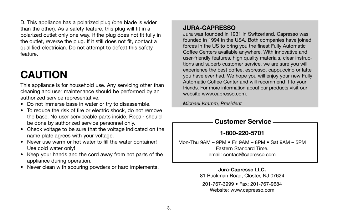 Capresso Impressa F7 warranty Customer Service, Jura-Capresso LLC 