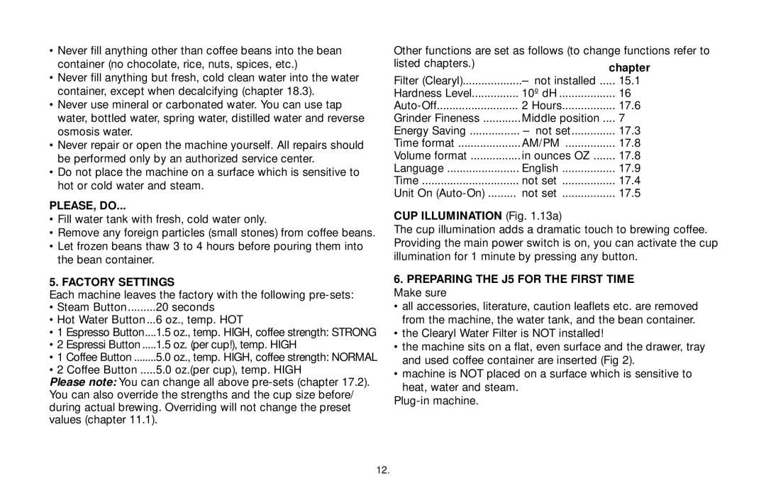 Capresso Impressa J5 warranty PLEASE, do, Factory Settings, Chapter, CUP Illumination .13a 