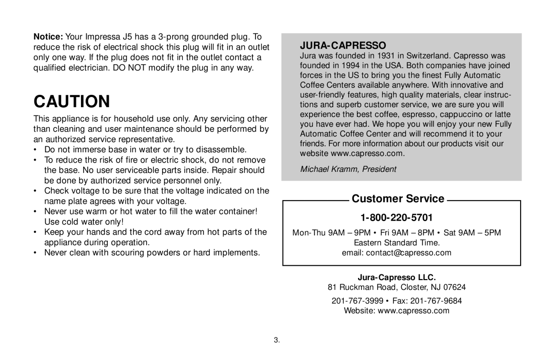 Capresso Impressa J5 warranty Customer Service, Jura-Capresso LLC 