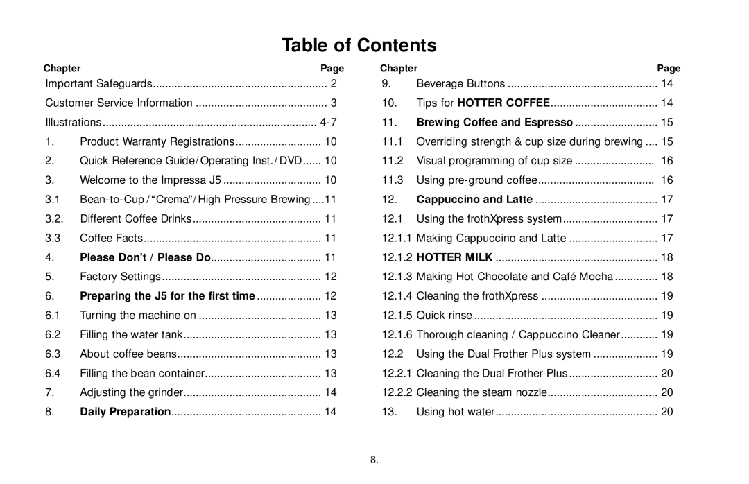 Capresso Impressa J5 warranty Table of Contents 