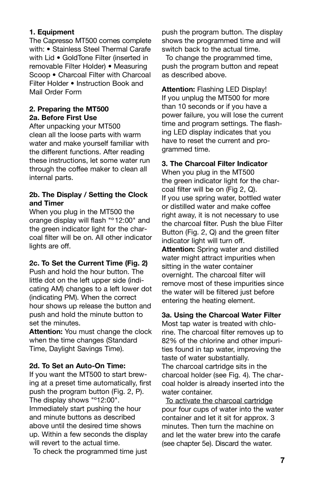 Capresso warranty Equipment, Preparing the MT500 2a. Before First Use, 2b. The Display / Setting the Clock and Timer 