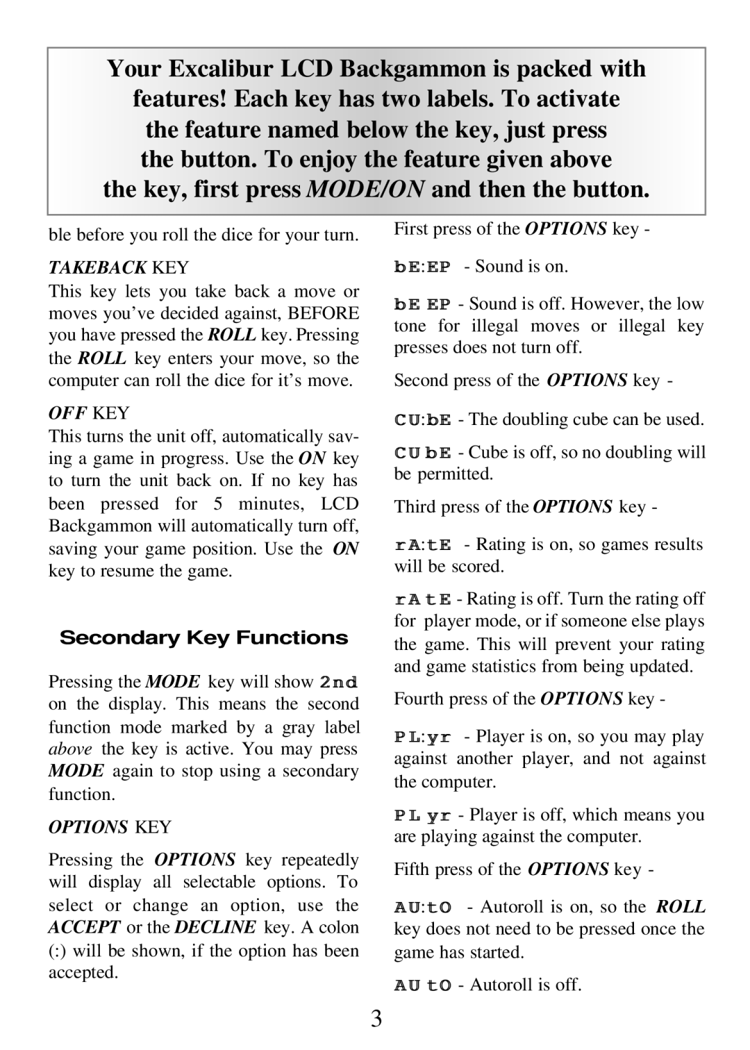 CarAlarms.com 377 manual Takeback KEY, Off Key, Secondary Key Functions, Options KEY 