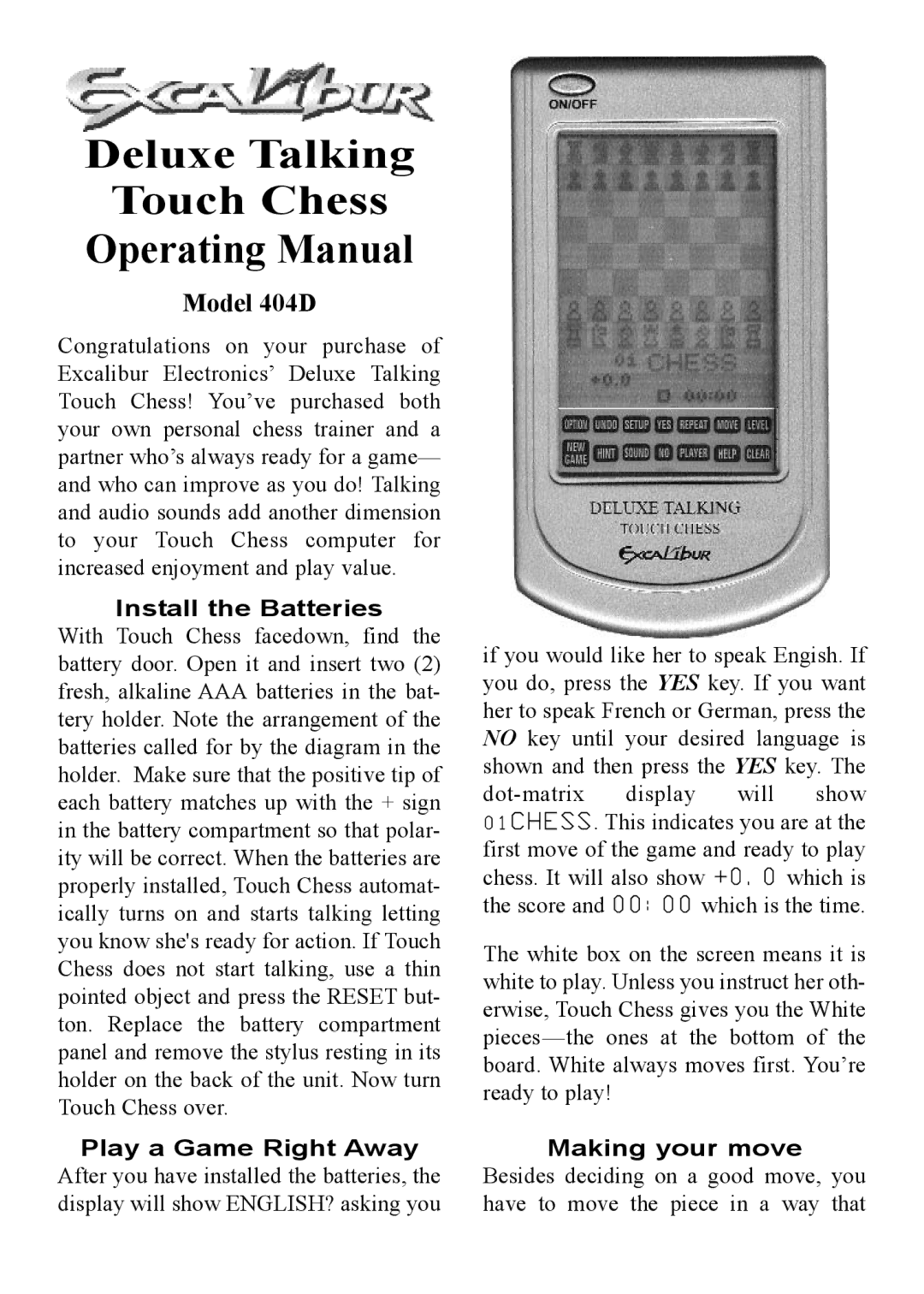 CarAlarms.com 404D manual Deluxe Talking Touch Chess Operating Manual 