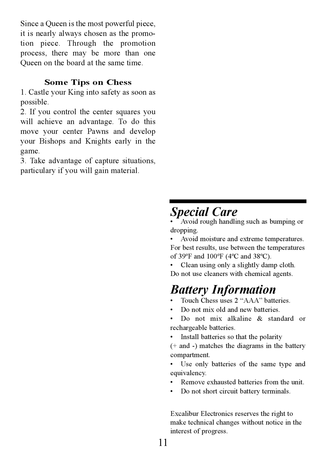 CarAlarms.com 404D manual Special Care, Some Tips on Chess 