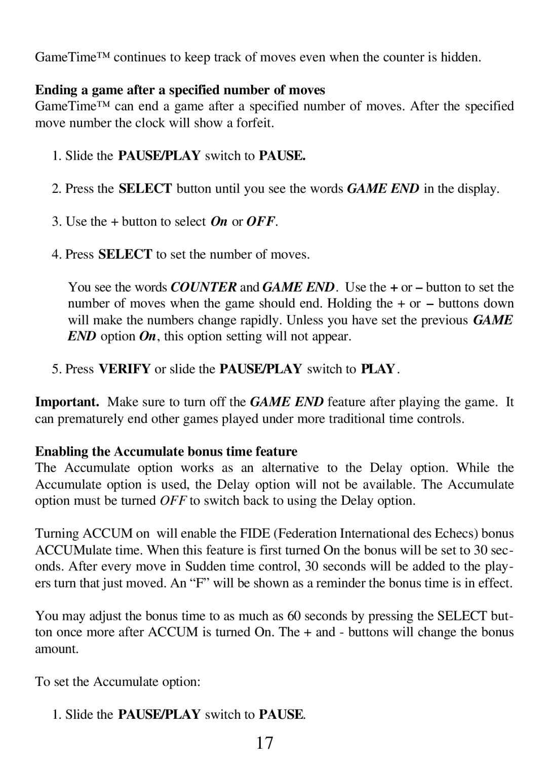 CarAlarms.com 750GT-2 manual Ending a game after a specified number of moves, Enabling the Accumulate bonus time feature 