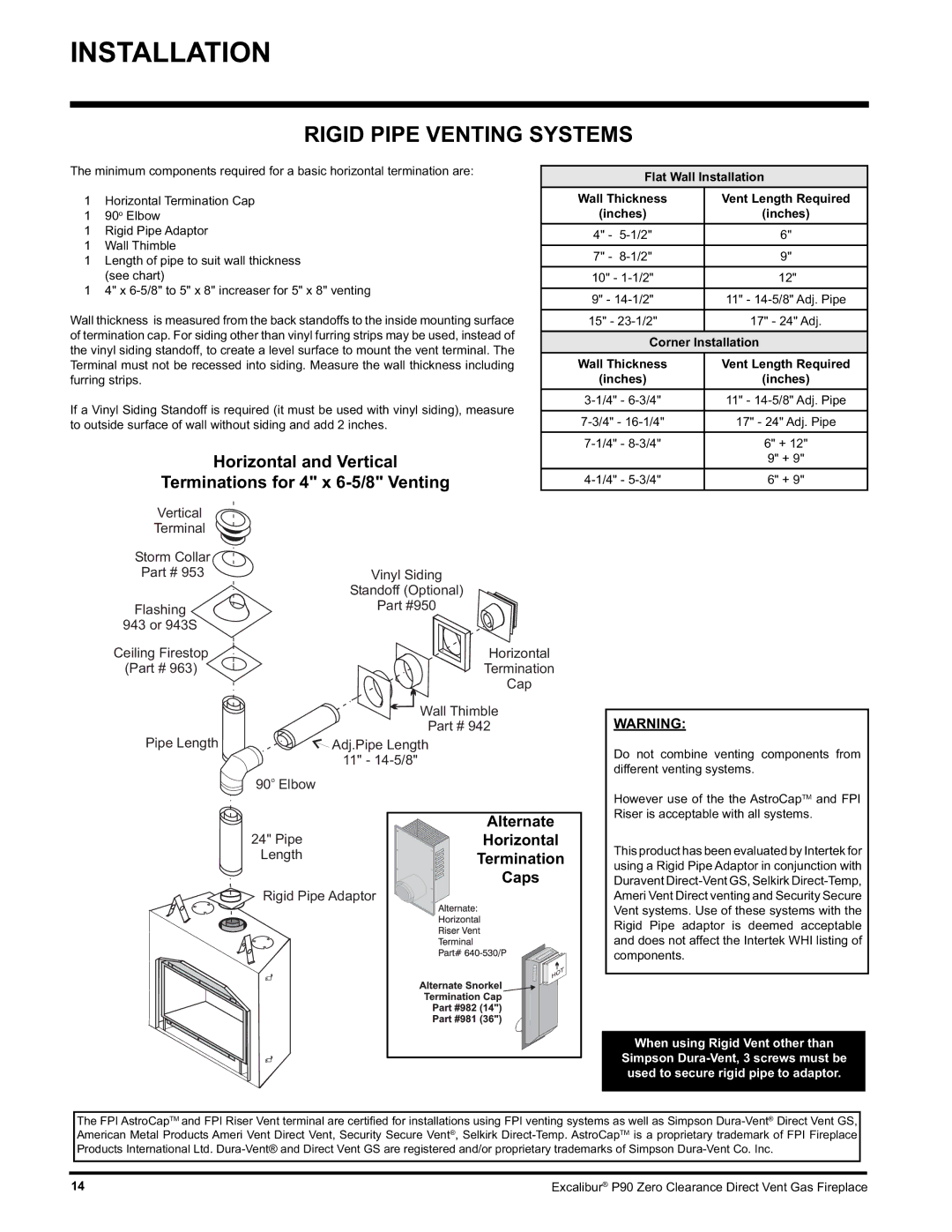 CarAlarms.com P90-NG1 manual Rigid Pipe Venting Systems, Alternate, Horizontal, Caps, Termination 