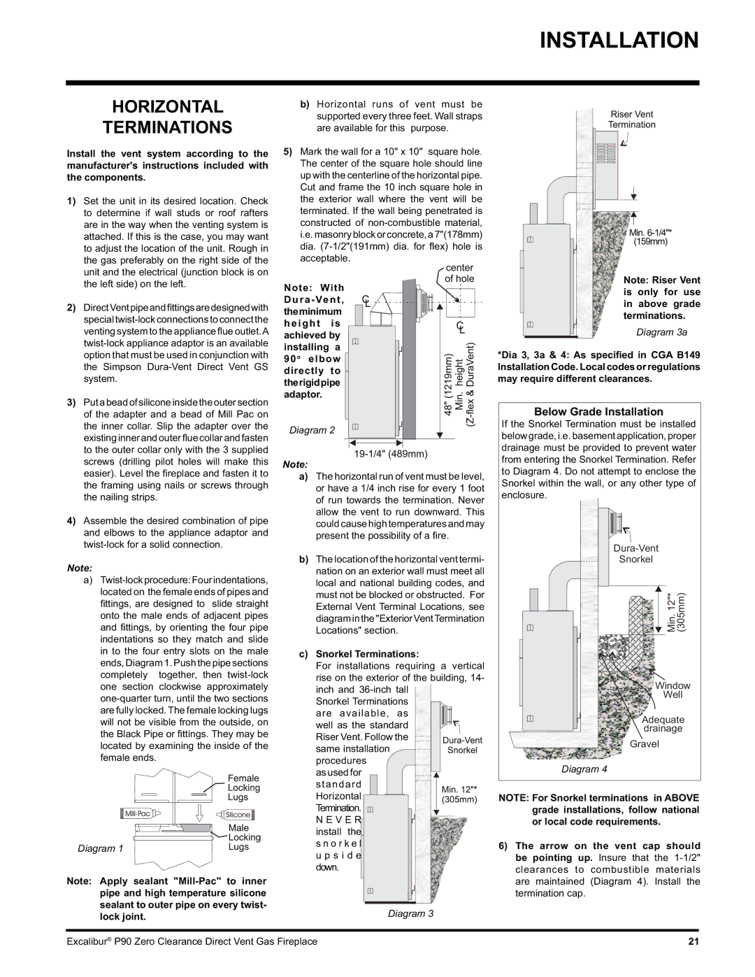 CarAlarms.com P90-NG1 manual Horizontal Terminations, Below Grade Installation, Diagram 