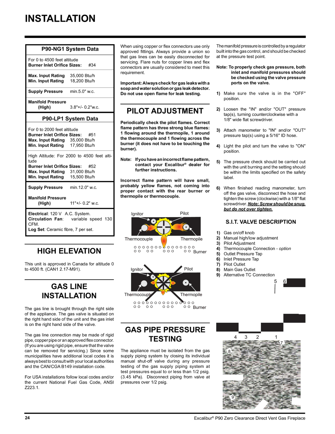 CarAlarms.com P90-NG1 manual Pilot Adjustment, High Elevation, GAS Line Installation, GAS Pipe Pressure Testing 