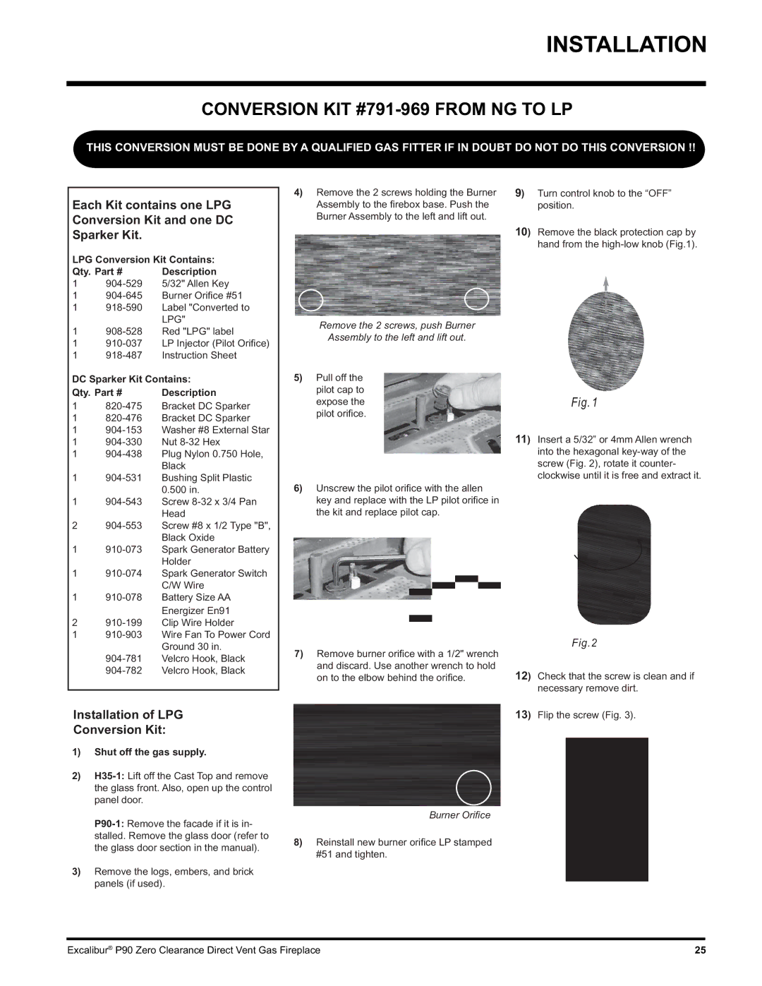 CarAlarms.com P90-NG1 manual Conversion KIT #791-969 from NG to LP, LPG Conversion Kit Contains Qty Description 