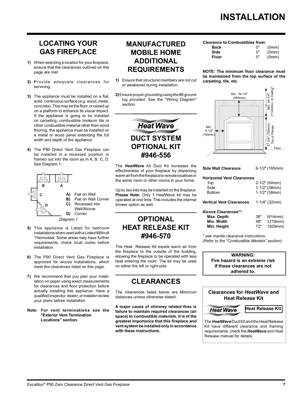 CarAlarms.com P90-NG1 Locating Your GAS Fireplace, Manufactured Mobile Home Additional Requirements, Heatwave, Clearances 