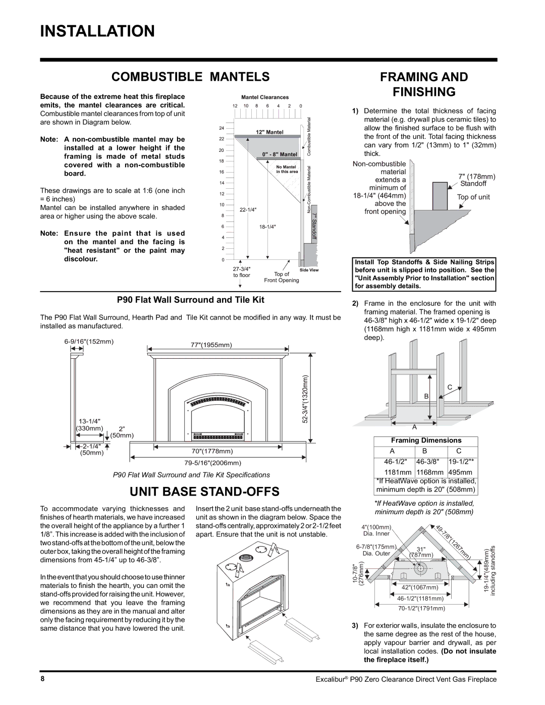 CarAlarms.com P90-NG1 Combustible Mantels, Framing Finishing, Unit Base STAND-OFFS, P90 Flat Wall Surround and Tile Kit 