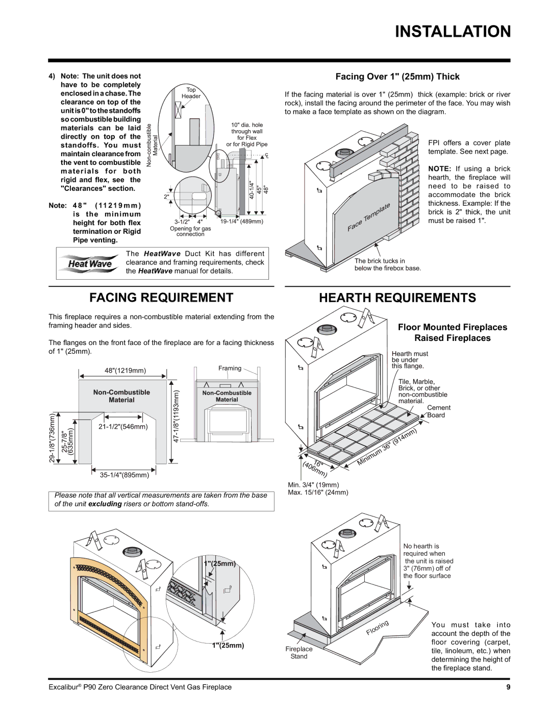 CarAlarms.com P90-NG1 manual Facing Requirement, Facing Over 1 25mm Thick, Floor Mounted Fireplaces Raised Fireplaces 