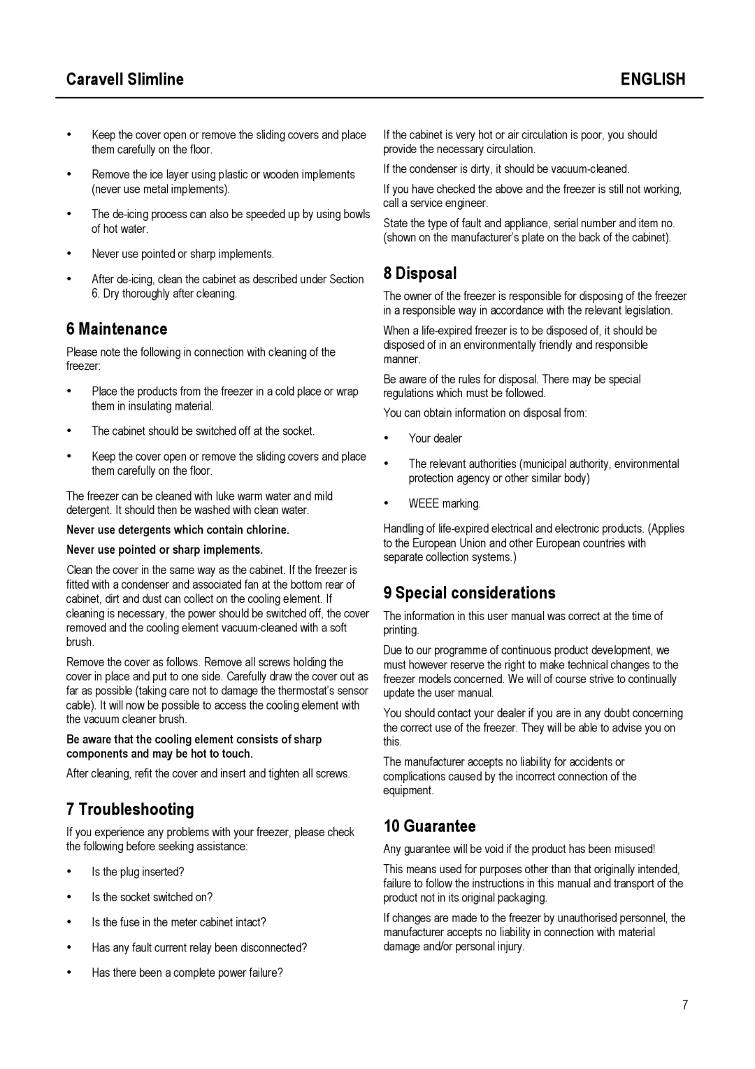 Caravell SLC 168 instruction manual Maintenance, Troubleshooting, Disposal, Special considerations, Guarantee 