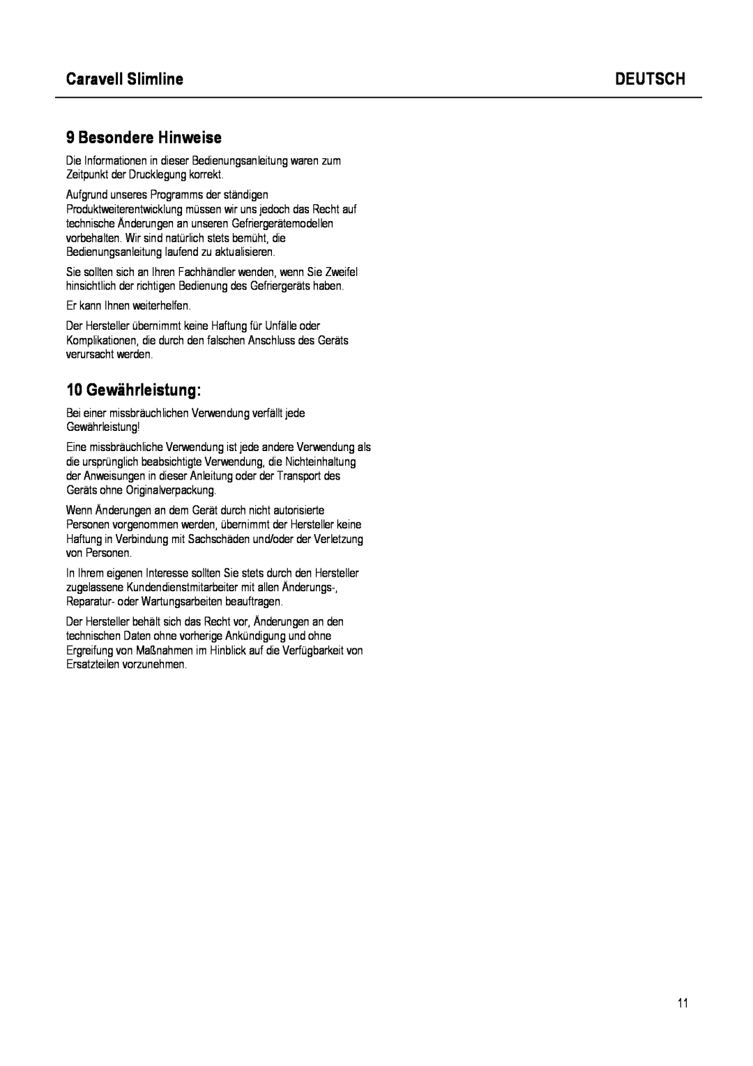 Caravell SLC 168 instruction manual Besondere Hinweise, 10 Gewährleistung, Caravell Slimline, Deutsch 