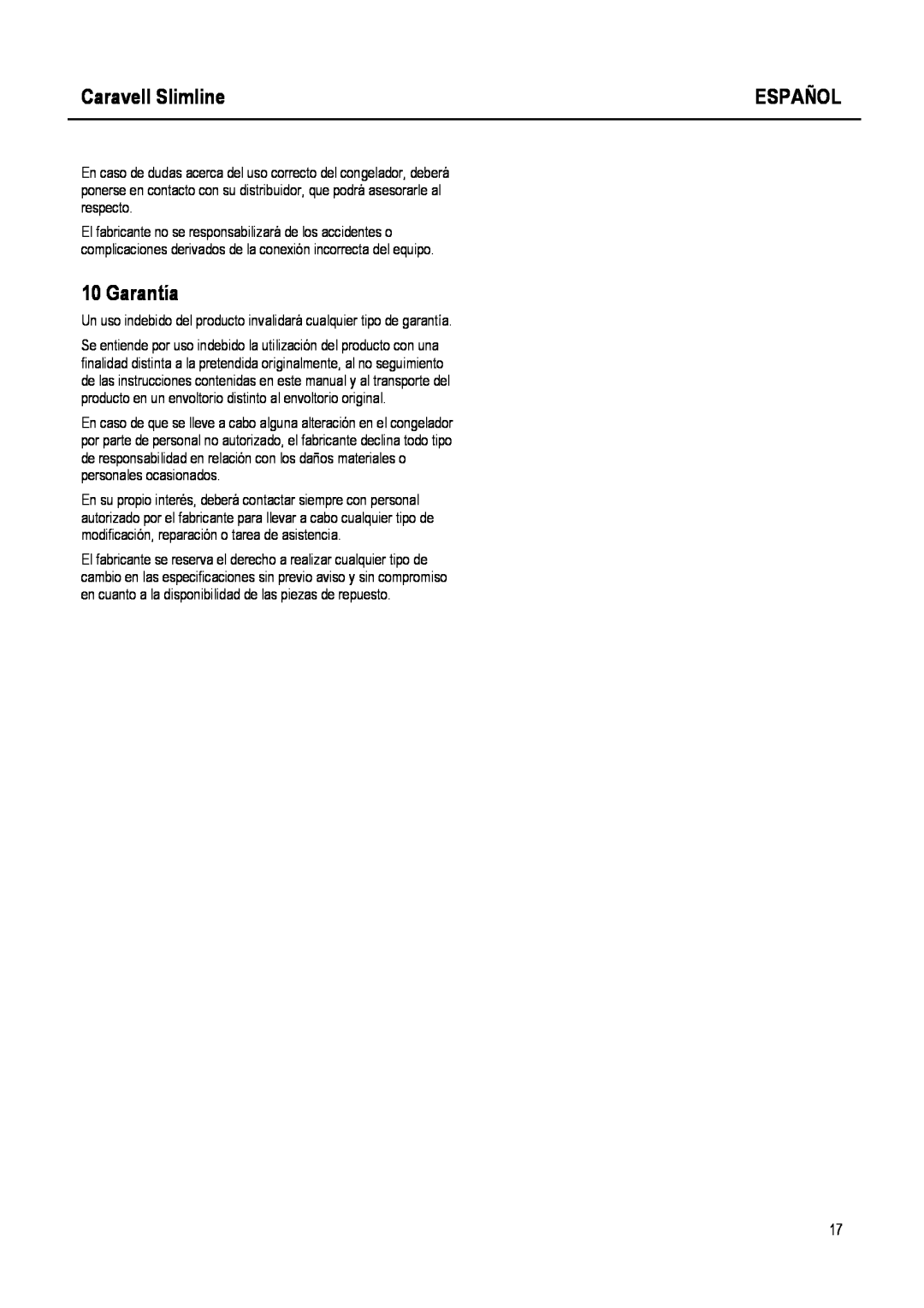 Caravell SLC 168 instruction manual Garantía, Caravell Slimline, Español 
