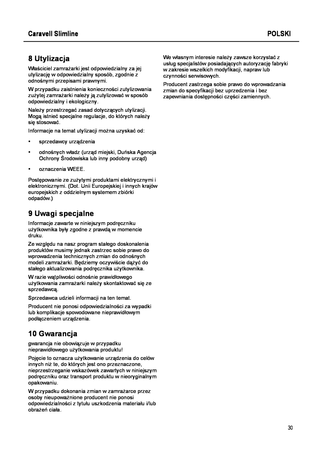 Caravell SLC 168 instruction manual Utylizacja, Uwagi specjalne, Gwarancja, Caravell Slimline, Polski 