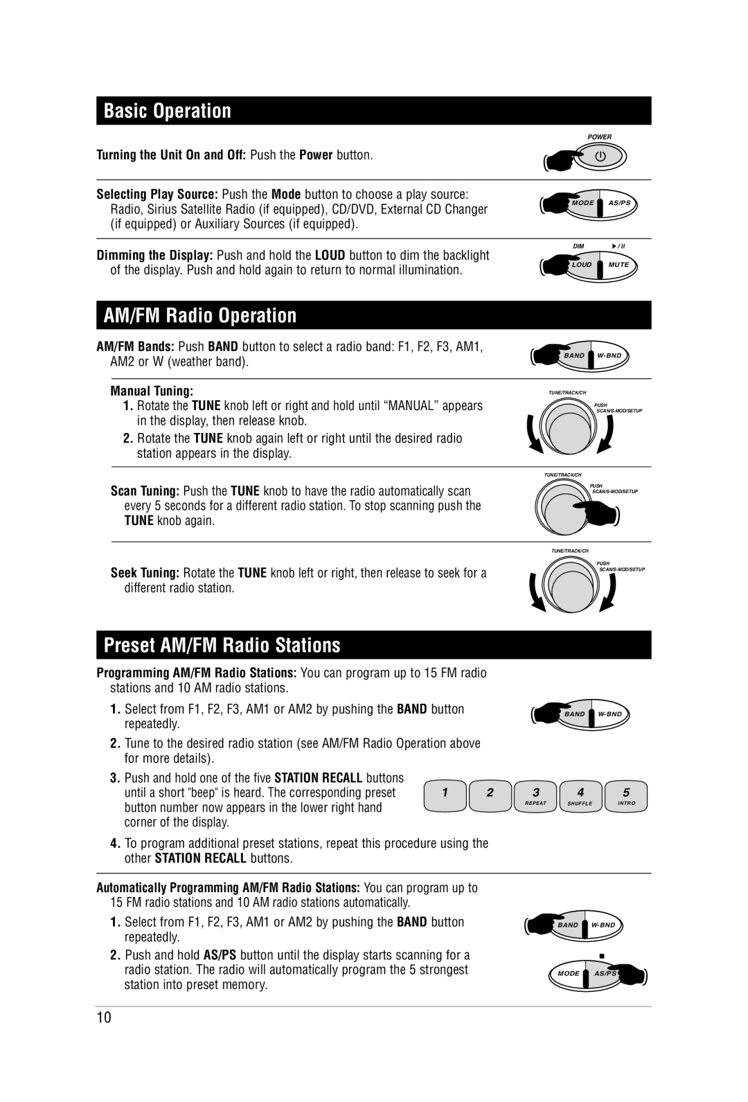 Carbine M9900DVDS manual Basic Operation, AM/FM Radio Operation, Preset AM/FM Radio Stations, Manual Tuning 