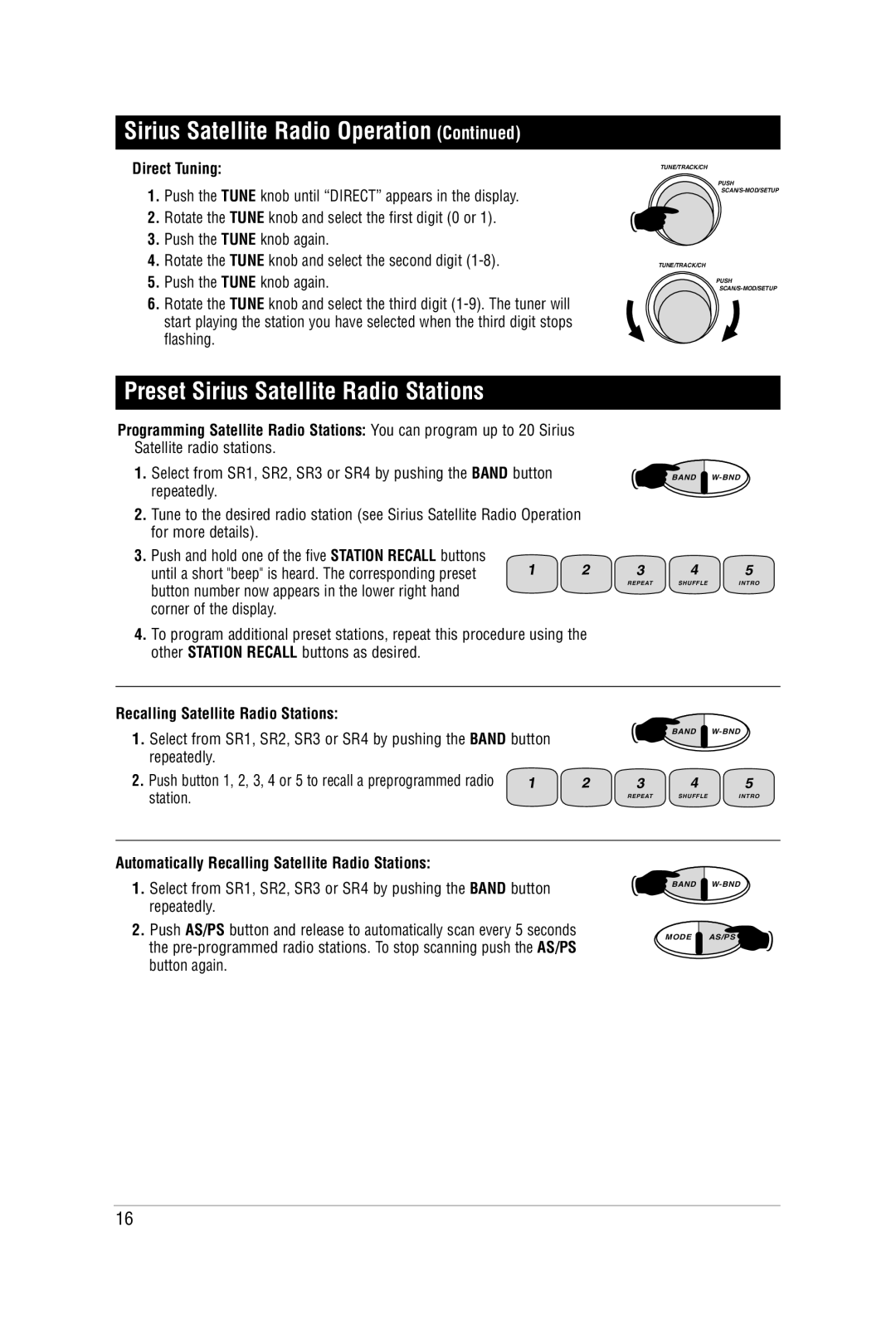 Carbine M9900DVDS manual Preset Sirius Satellite Radio Stations, Direct Tuning, Recalling Satellite Radio Stations 