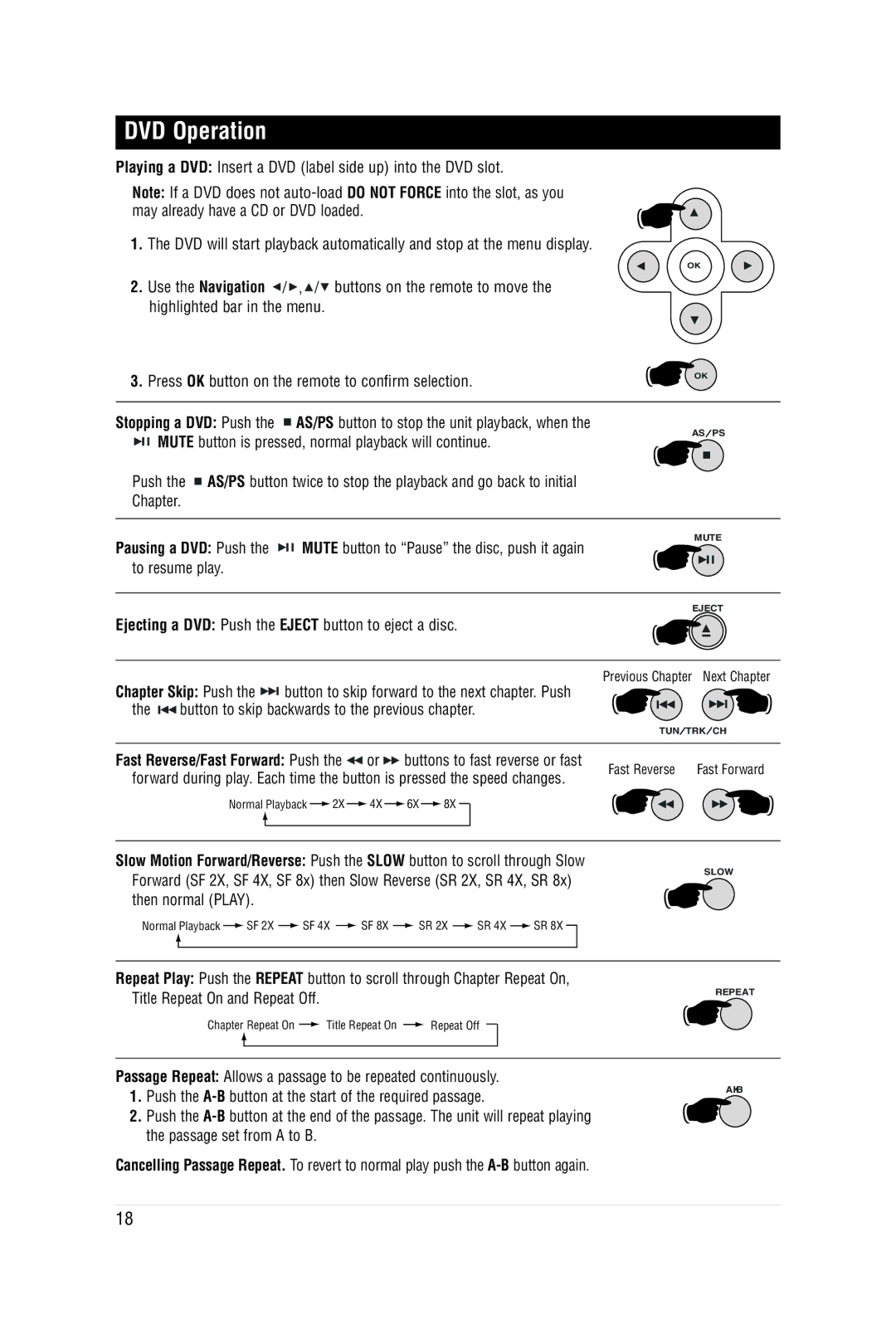 Carbine M9900DVDS manual DVD Operation, Ejecting a DVD Push the Eject button to eject a disc 