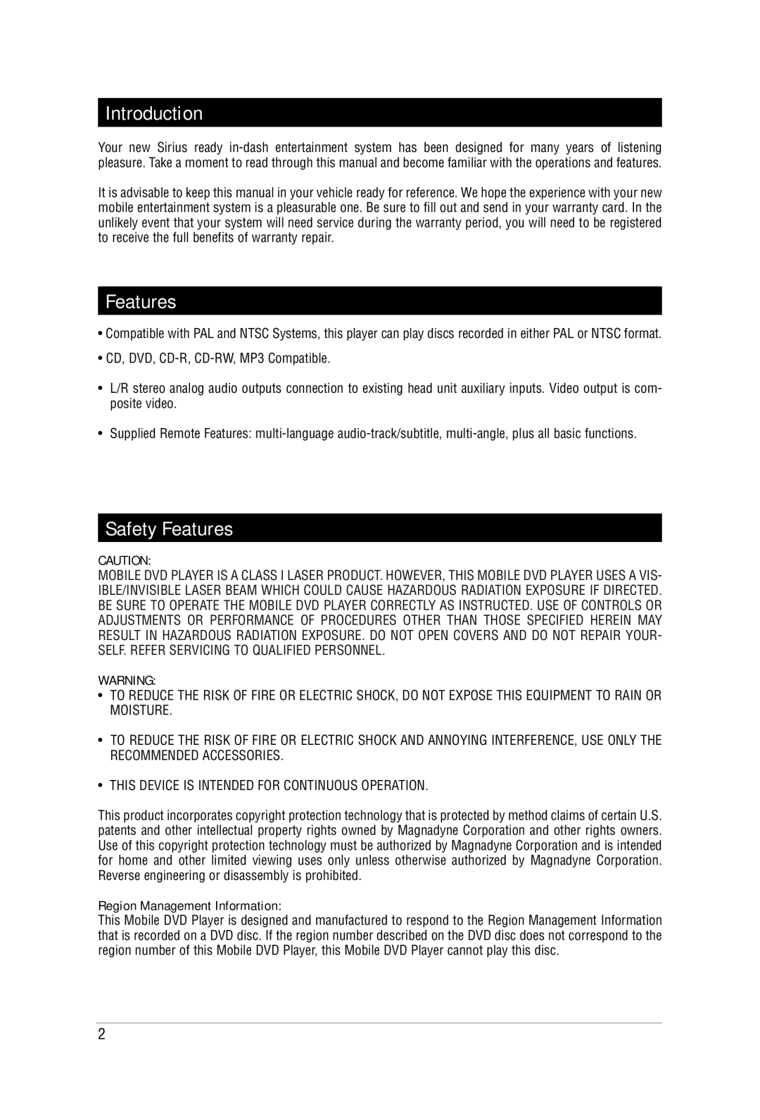 Carbine M9900DVDS manual Introduction, Safety Features, Region Management Information 