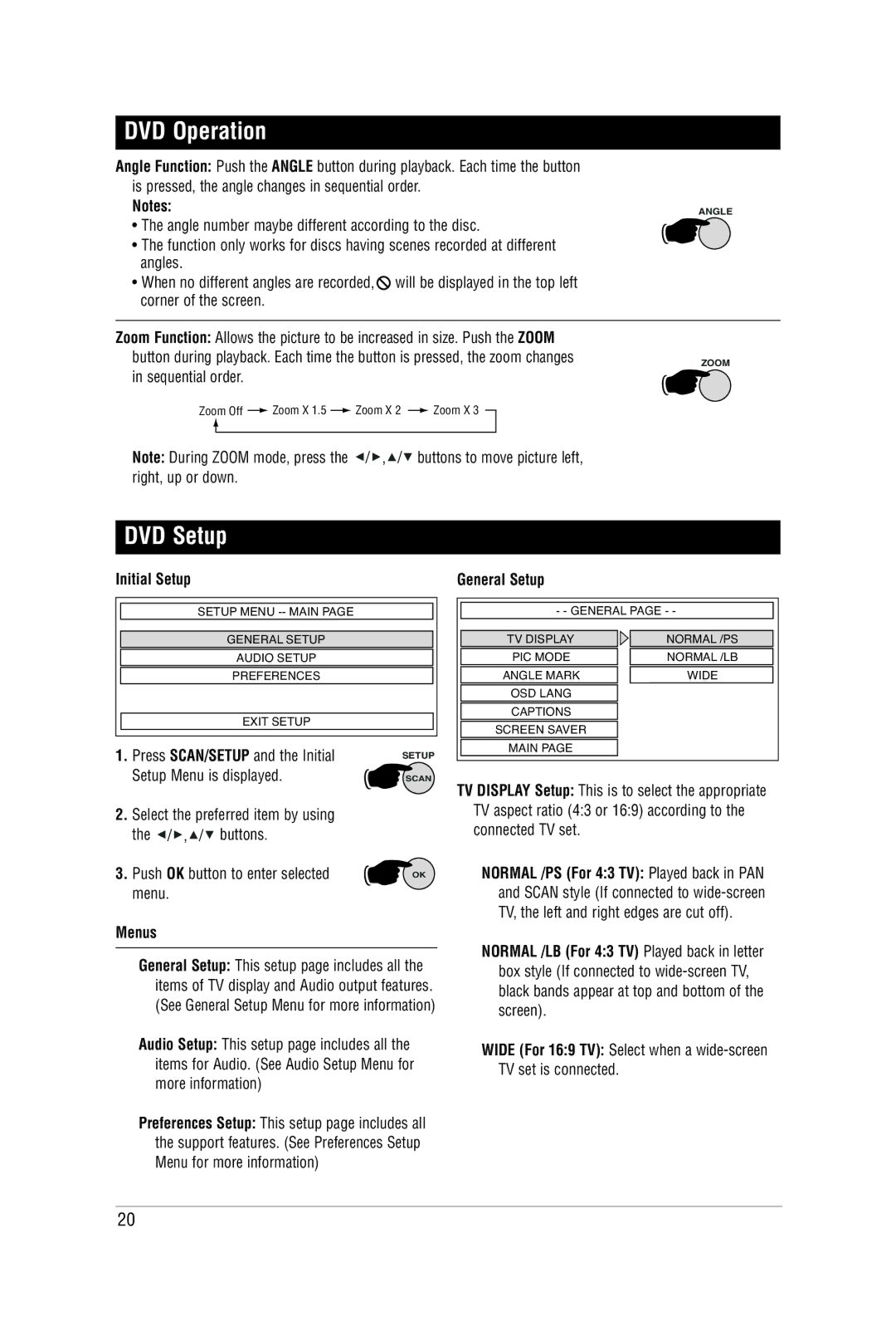 Carbine M9900DVDS manual DVD Setup, Initial Setup, Menus, General Setup 