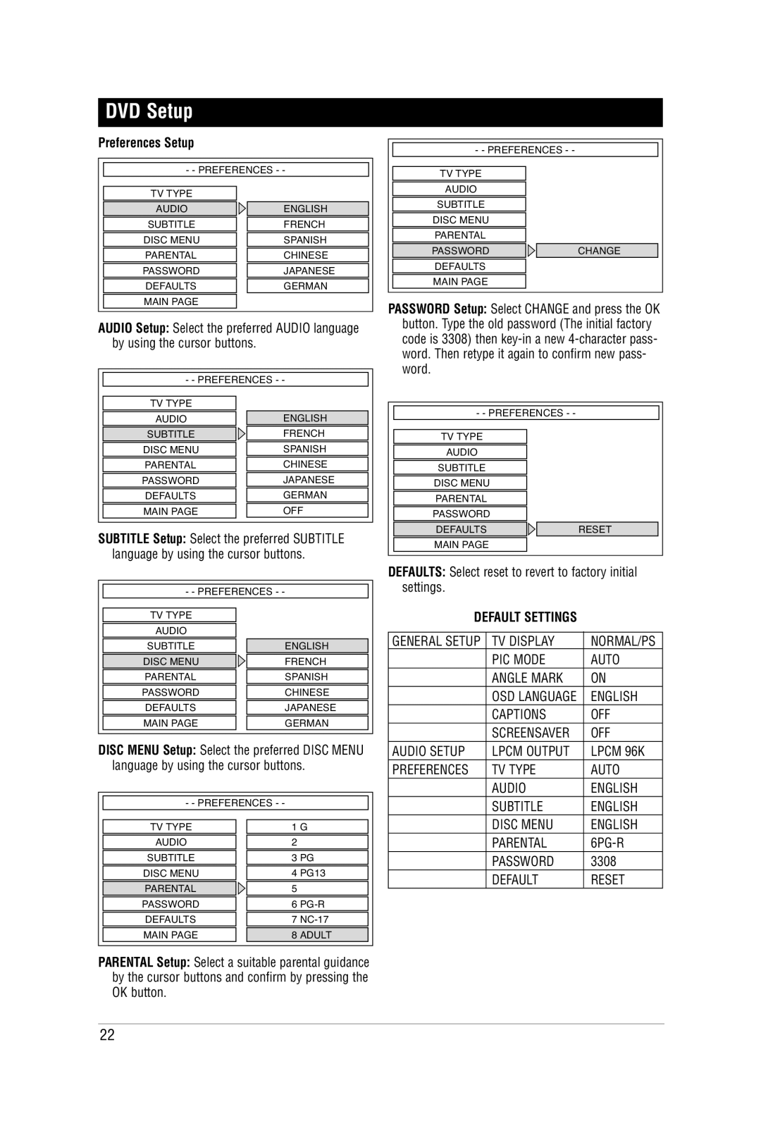 Carbine M9900DVDS manual Default Settings 