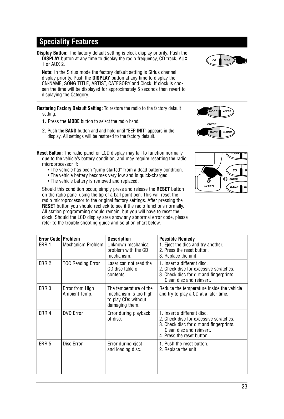 Carbine M9900DVDS manual Speciality Features, Problem Description Possible Remedy 