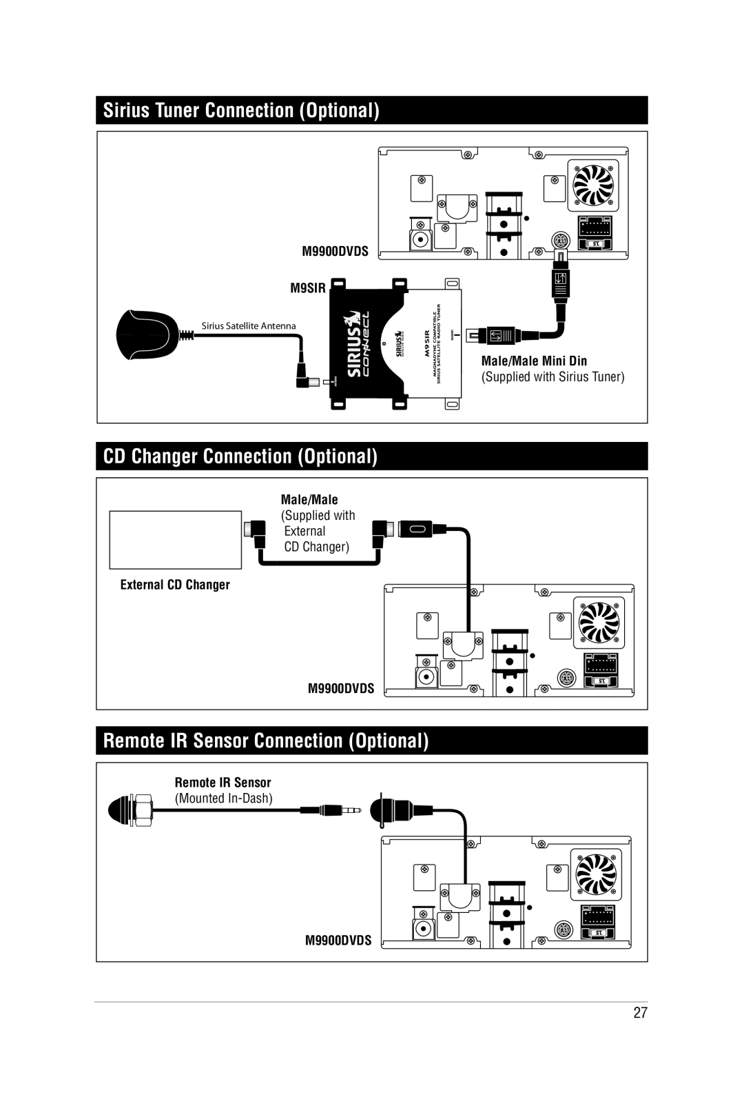 Carbine M9900DVDS Sirius Tuner Connection Optional, CD Changer Connection Optional, Remote IR Sensor Connection Optional 