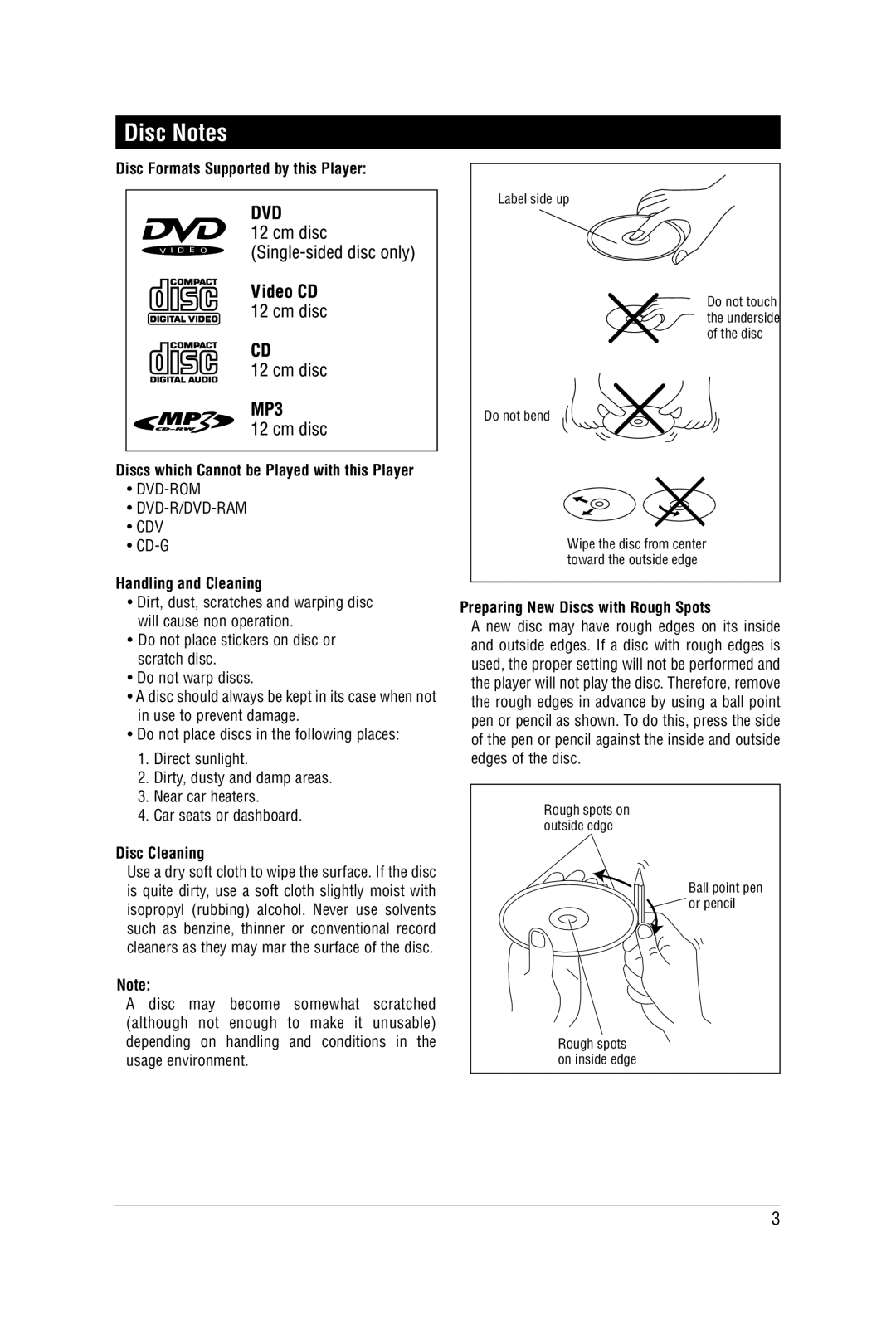 Carbine M9900DVDS manual Disc Notes, Disc Formats Supported by this Player, Handling and Cleaning, Disc Cleaning 